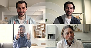 Collage of four men having video call at home