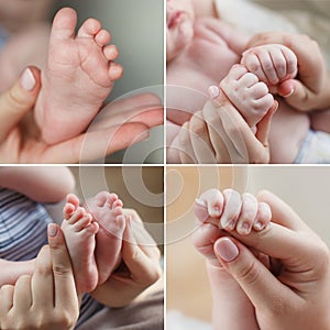 A collage of four photos, baby hands and feet and hands mother