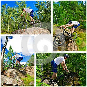The collage of four photos bike extreme tricks