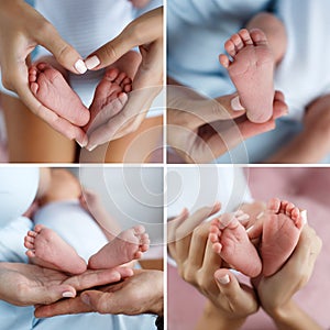 A collage of four photos of mother`s hands and baby`s feet