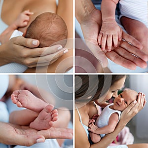 A collage of four photos of parts of the body of the mother and the baby