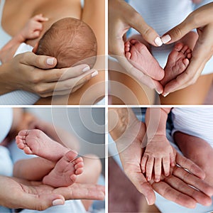 A collage of four photos of parts of the body of the mother and the baby