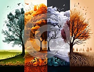 Collage of four seasons of the year. Autumn, winter, spring, summer. Generative AI