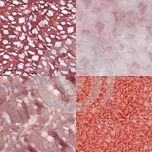 Collage of four textures of different sausages and ham