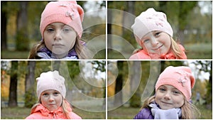 Collage of four videos, a portrait of two girls in an autumn park