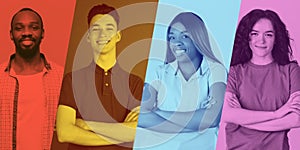 Collage of four young smiling people on colorful background. Duotone effect