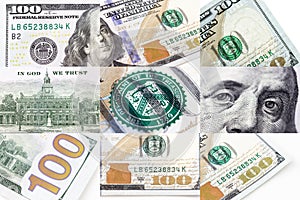 Collage of fragment of new 100 dollar. US dollar background. Hundred dollars bill fragment on macro