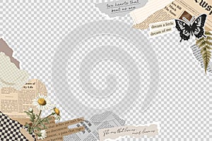 Collage frame isolated on transparent background. Torn newspaper, retro flower, butterfly stamp, rip notebook sheets
