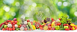 Collage fresh colored vegetables, fruits, berries on green background