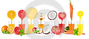 Collage of fresh fruit juices on white background