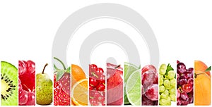 Collage of fresh fruits and berries on white background.