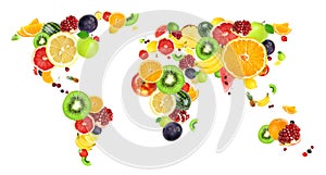 Collage of fresh fruits. World map