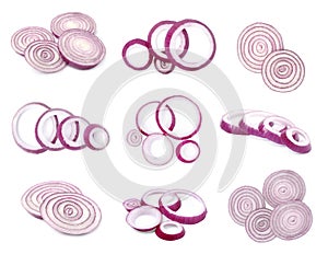 Collage with fresh red onion slices on white background