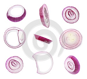 Collage with fresh red onion slices on white background