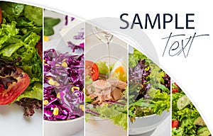 Collage with fresh salads, green leaves, vegetables, tuna photo