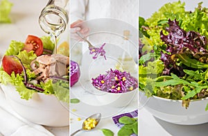 Collage with fresh salads, green leaves, vegetables, tuna