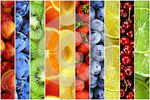 Collage of fresh summer fruit in the form of vertical stripes