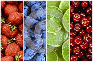 Collage of fresh summer fruit in the form of vertical stripes