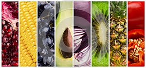 Collage of fresh tasty juicy fruits and vegetables