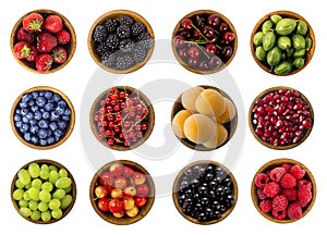 Collage of fruits and berries isolated on a white background. Top view.