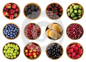 Collage of fruits and berries isolated on a white background. Top view.