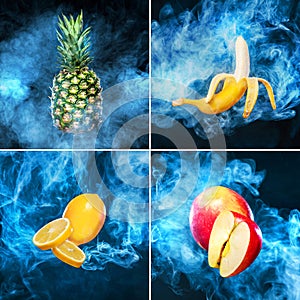 Collage of fruits on dark background with smoke from Electronic Cigarette for vape ads