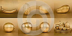 Collage of fruits with golden peel on gold background