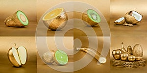 Collage of fruits with golden peel on gold background