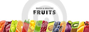 Collage of fruits isolated on white background with copy space, fresh and healthy fruits and berries close-up