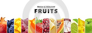 Collage of fruits isolated on white background with copy space, fresh and healthy fruits and berries close-up