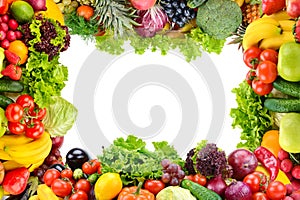 Collage of fruits and vegetables as frame isolated on white.