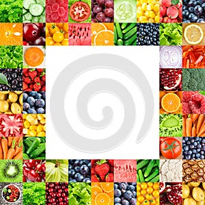 Collage of fruits, vegetables and berries. Fresh color food. Frame. Healthy food
