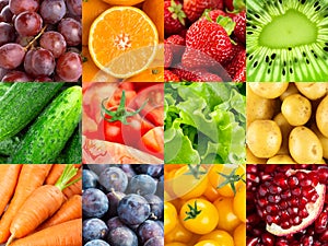 Collage of fruits and vegetables. Fresh food