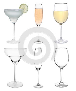 Collage with full and empty glasses on background