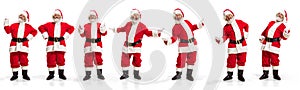 Collage with full-length portraits of Santa Clause expressing positive emotions on white background. Holidays, greetings