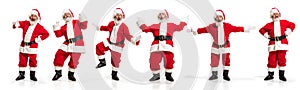 Collage with full-length portraits of Santa Clause expressing positive emotions on white background. Holidays, greetings