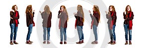 Collage. Full-length portraits of young girl having cold and flu isolated over white background
