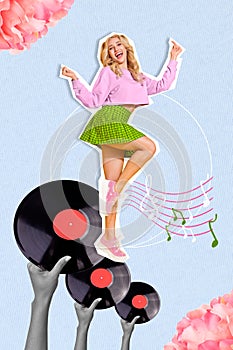 Collage of funny youngster girl blonde hair dancing hip hop old style nostalgia hipster music vinyl plate  on