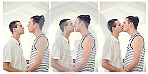Collage, gay couple and men with kiss for love in relationship with holding hands, touch and romance at home. Male