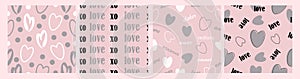 Collage of gentle romantic seamless patterns with hearts on pink background. Modern romantic design for paper, textile, cover,