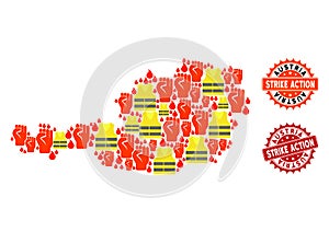 Collage of Gilet Jaunes Protest Map of Austria and Strike Action Stamps