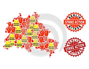 Collage of Gilet Jaunes Protest Map of Berlin City and Strike Action Stamps