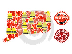 Collage of Gilet Jaunes Protest Map of Connecticut State and Strike Action Stamps