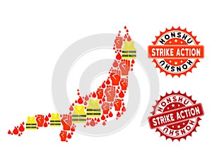 Collage of Gilet Jaunes Protest Map of Honshu Island and Strike Action Stamps
