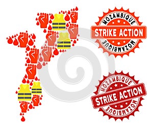 Collage of Gilet Jaunes Protest Map of Mozambique and Strike Action Stamps