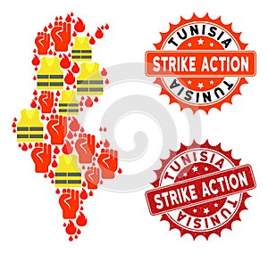 Collage of Gilet Jaunes Protest Map of Tunisia and Strike Action Stamps