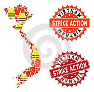 Collage of Gilet Jaunes Protest Map of Vietnam and Strike Action Stamps