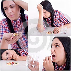 Collage of girl taking pills