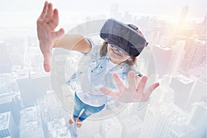 Collage of girl in VR headset raising up her hands