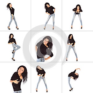 Collage of Glamorous young woman in black jacket and jeans